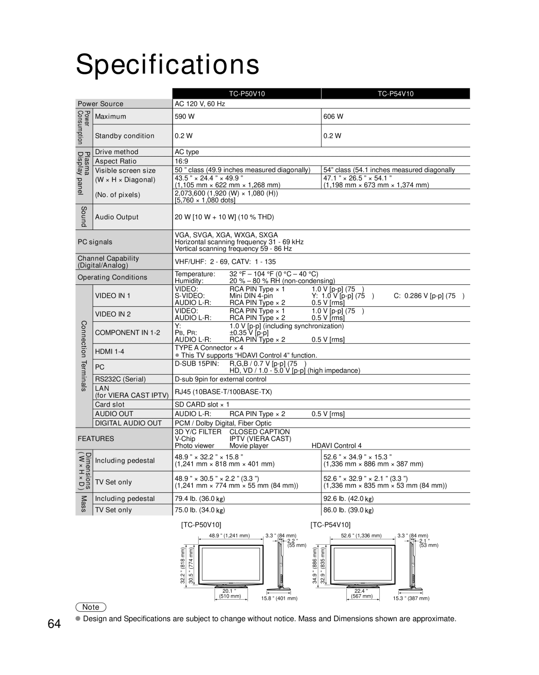 Panasonic TC-P50V10, TC-P54V10 quick start Specifications 