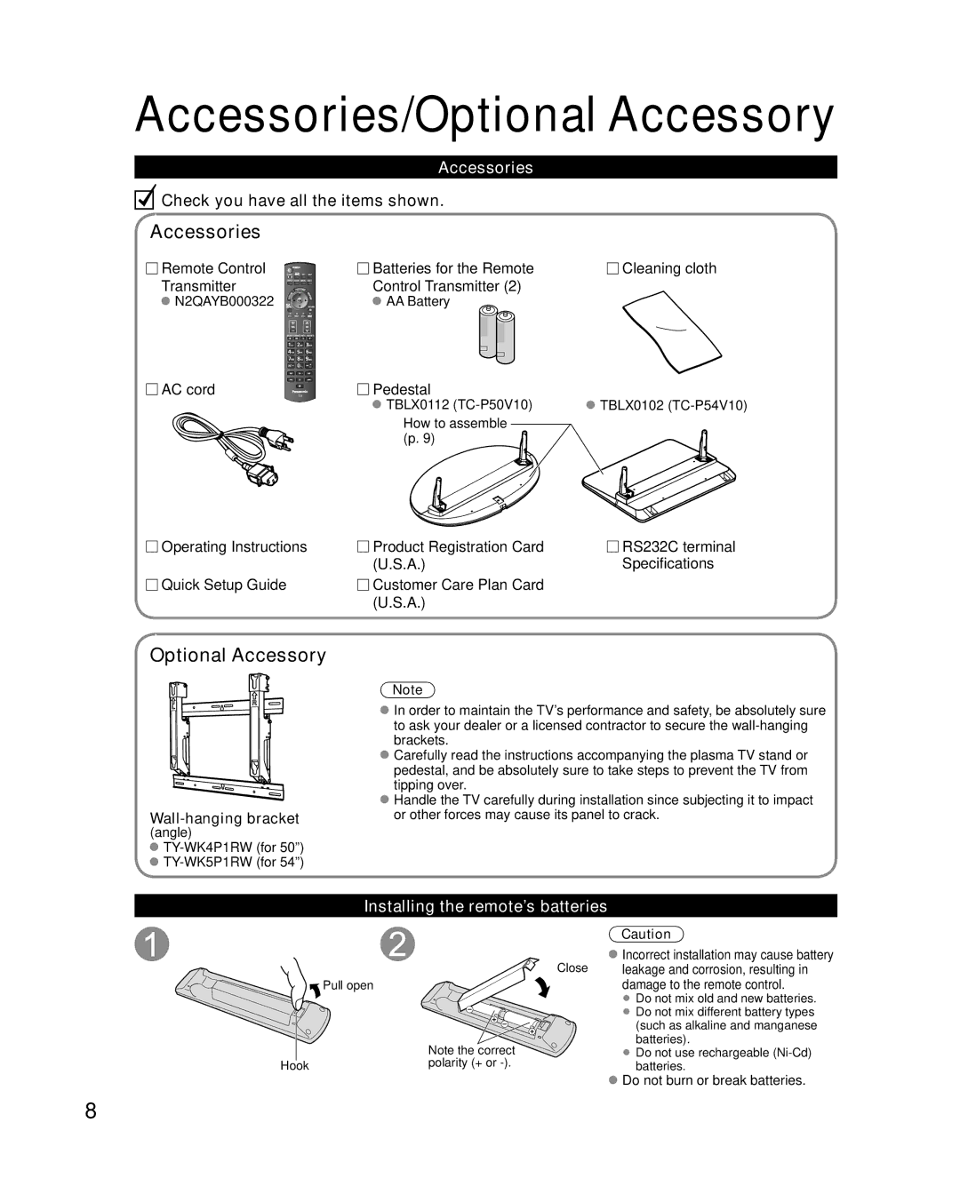 Panasonic TC-P50V10, TC-P54V10 quick start Accessories/Optional Accessory, Installing the remote’s batteries 