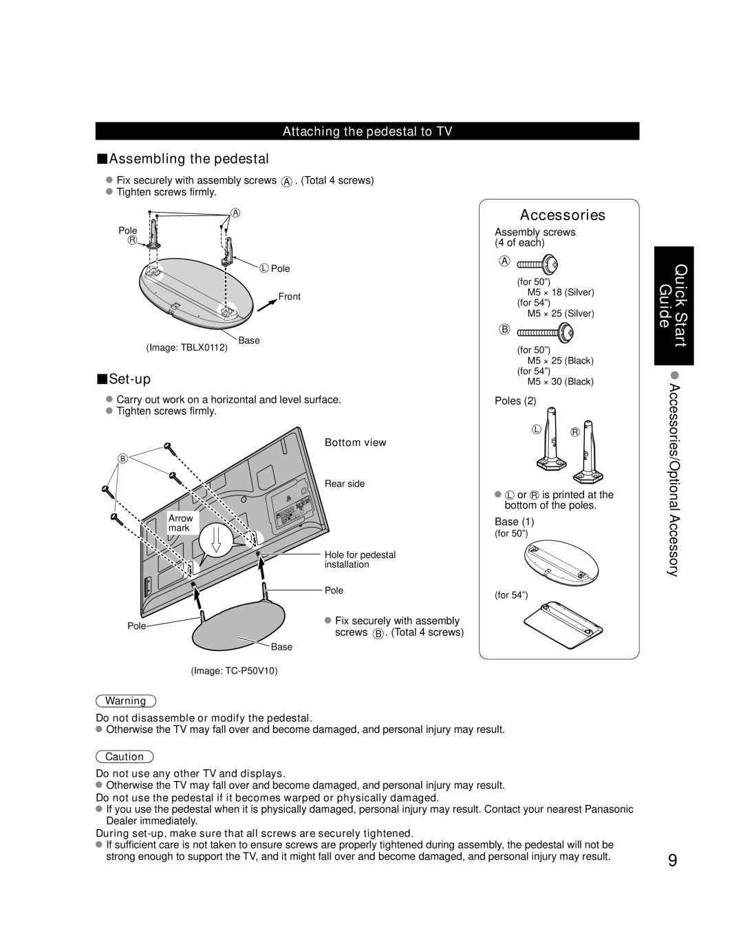 Panasonic TC-P54V10, TC-P50V10 Attaching the pedestal to TV, Bottom view, Do not disassemble or modify the pedestal 