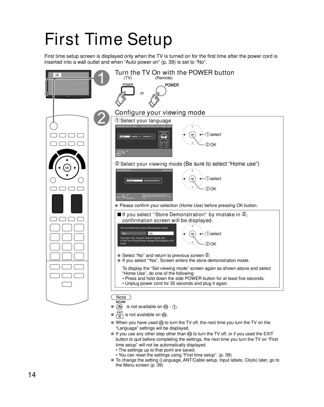 Panasonic TC-P50VT25, TC-P54VT25 First Time Setup, Turn the TV On with the Power button, Configure your viewing mode 