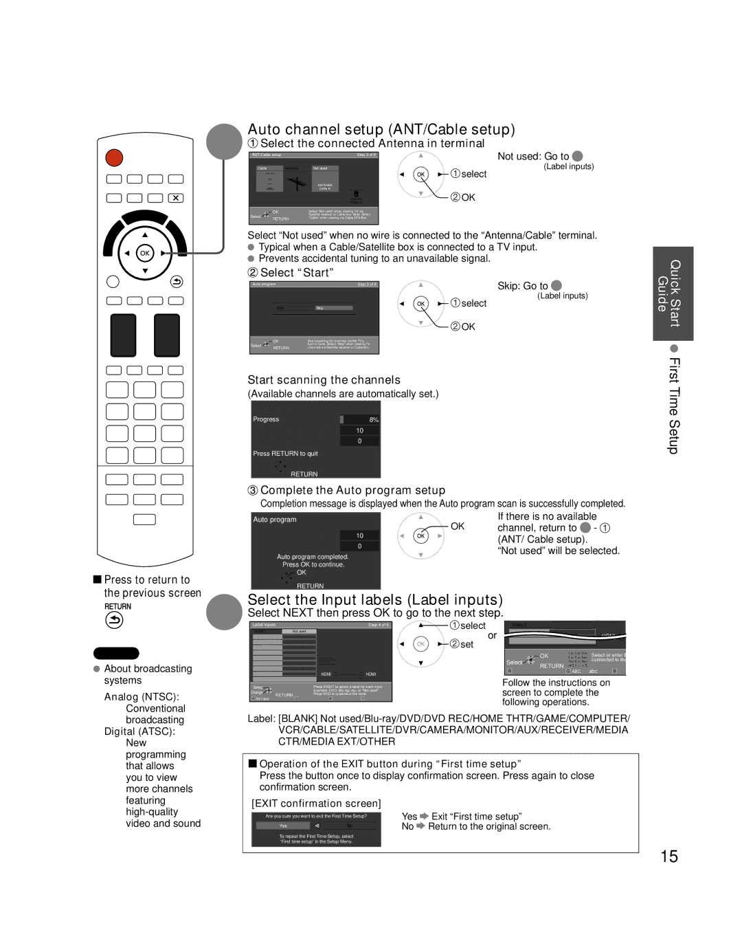 Panasonic TC-P54VT25, TC-P50VT25 quick start Auto channel setup ANT/Cable setup, Select the Input labels Label inputs 