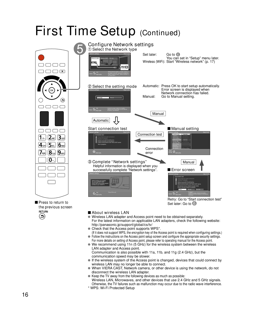 Panasonic TC-P50VT25, TC-P54VT25 quick start Configure Network settings, Error screen 