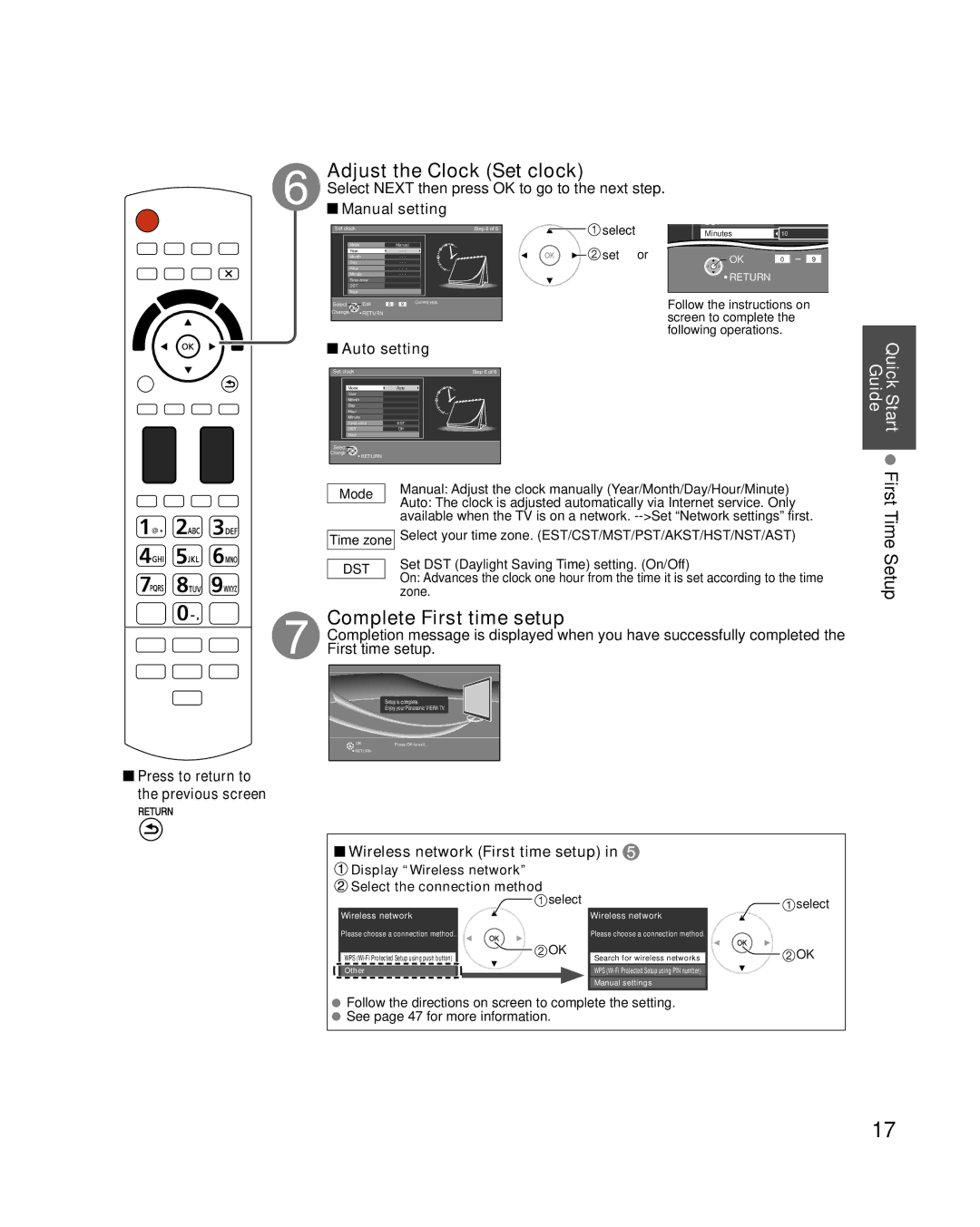 Panasonic TC-P54VT25, TC-P50VT25 quick start Adjust the Clock Set clock, Complete First time setup, Time, Auto setting Guide 