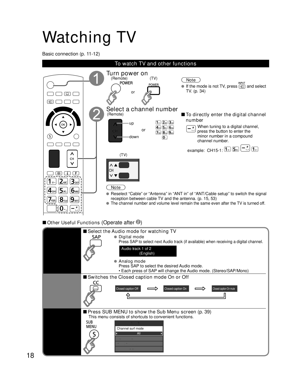 Panasonic TC-P50VT25, TC-P54VT25 quick start Watching TV, Turn power on, Select a channel number 