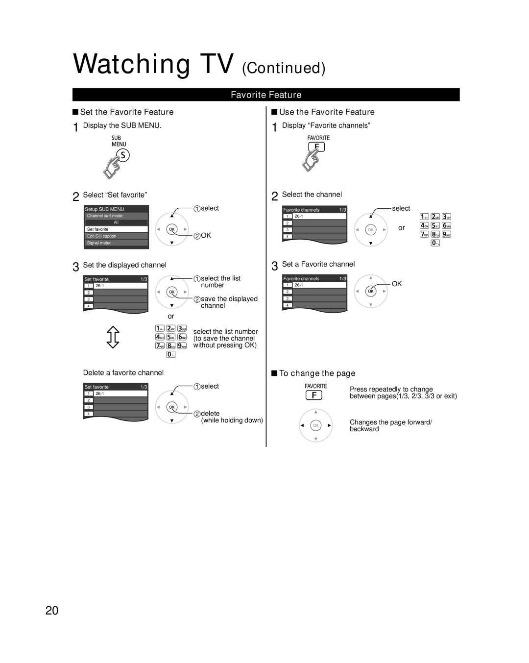 Panasonic TC-P50VT25, TC-P54VT25 Set the Favorite Feature, Use the Favorite Feature, To change, Set a Favorite channel 