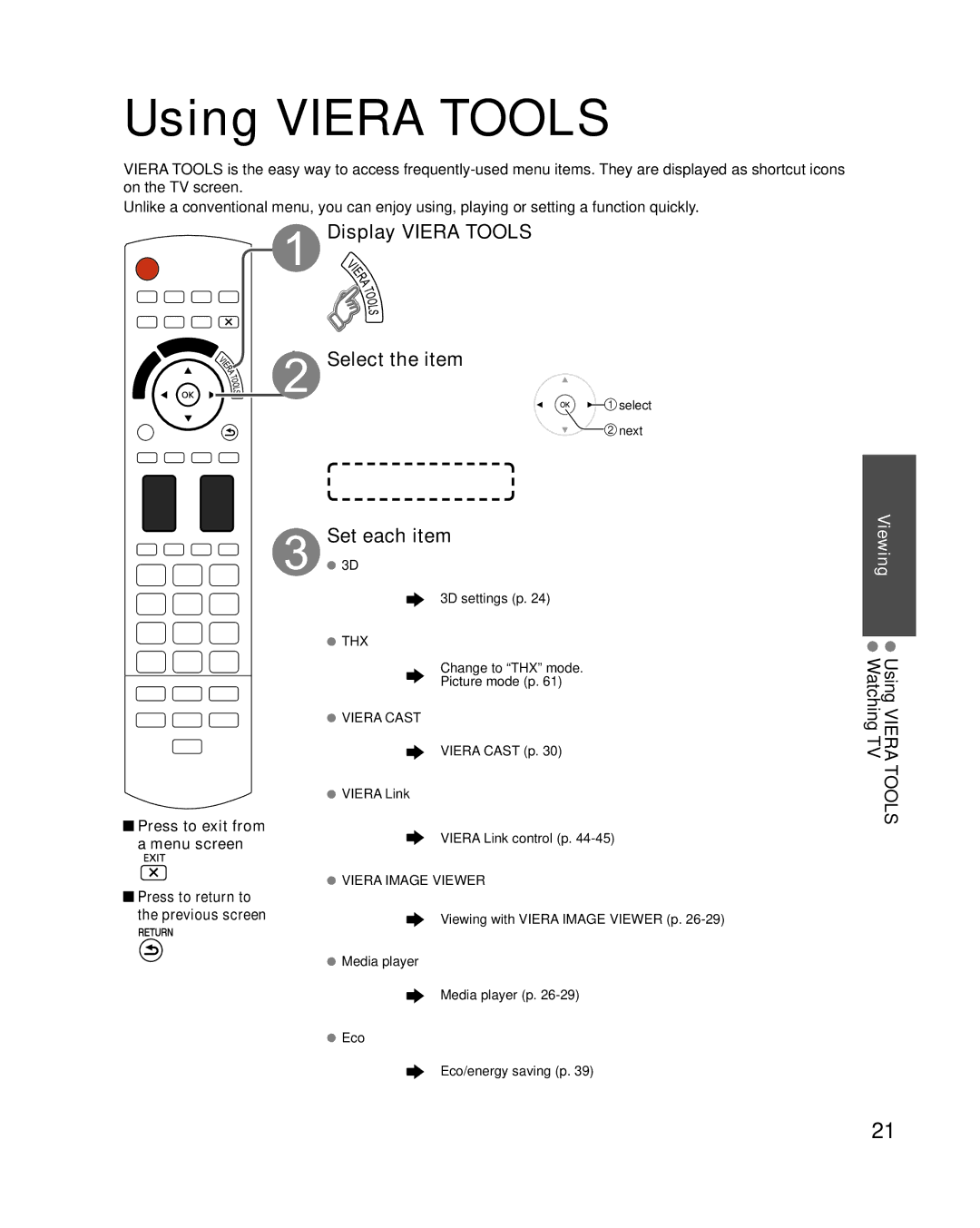 Panasonic TC-P54VT25, TC-P50VT25 quick start Using Viera Tools, Display Viera Tools Select the item, Set each item 