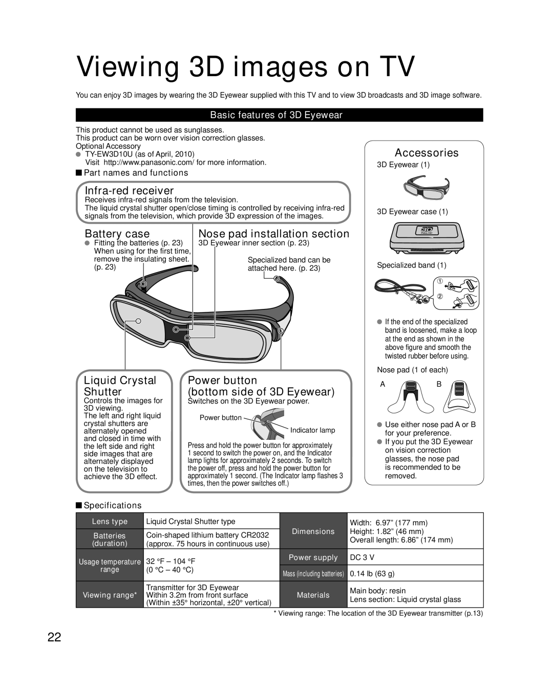 Panasonic TC-P50VT25, TC-P54VT25 Viewing 3D images on TV, Infra-red receiver, Battery case Nose pad installation section 