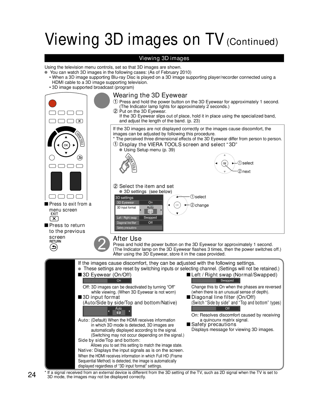 Panasonic TC-P50VT25, TC-P54VT25 quick start Wearing the 3D Eyewear, After Use, Viewing 3D images, 3D settings 