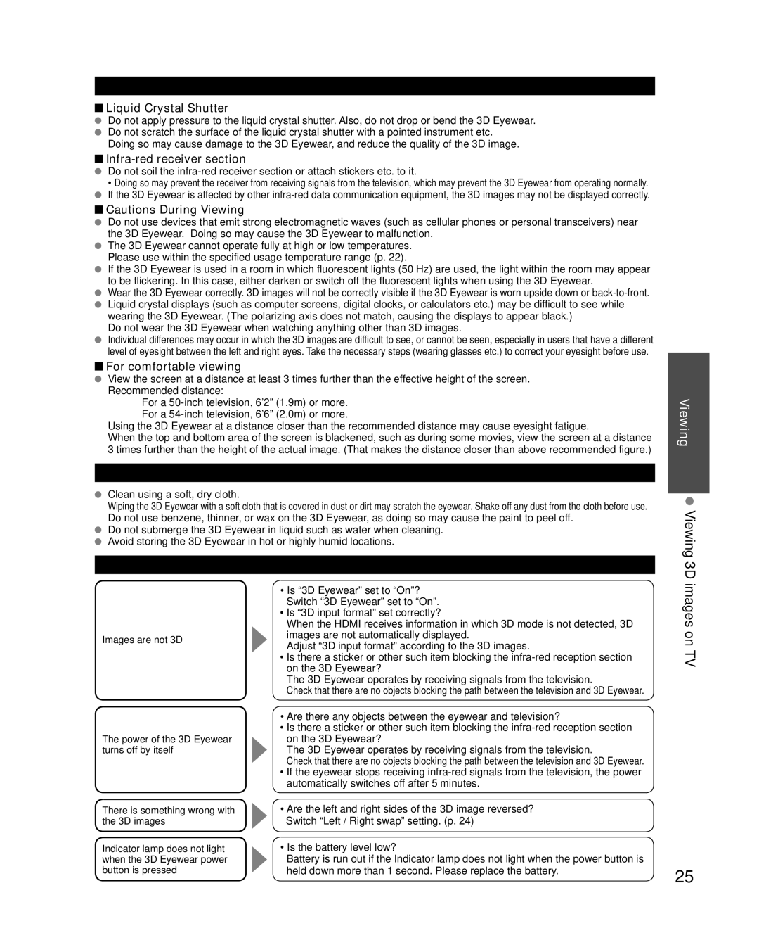 Panasonic TC-P54VT25, TC-P50VT25 Viewing 3D, Using Precautions, Storage and Cleaning, Troubleshooting/Q&A Viewing 