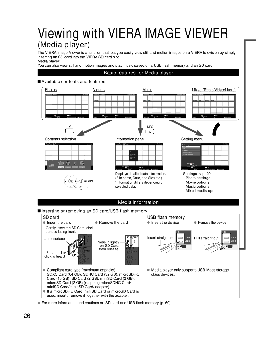 Panasonic TC-P50VT25 Basic features for Media player, Media information, Available contents and features, USB flash memory 