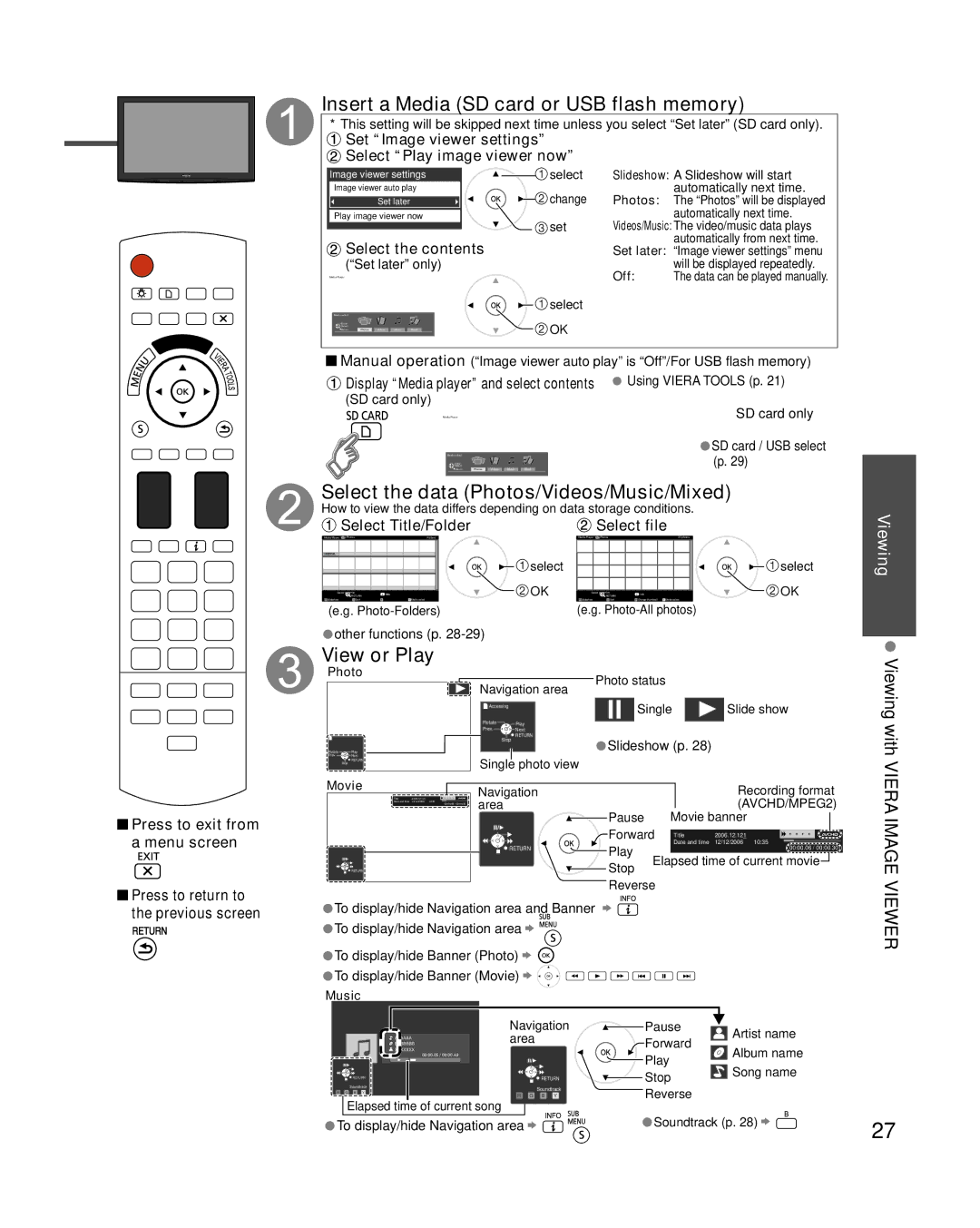 Panasonic TC-P54VT25, TC-P50VT25 Insert a Media SD card or USB flash memory, Select the data Photos/Videos/Music/Mixed 