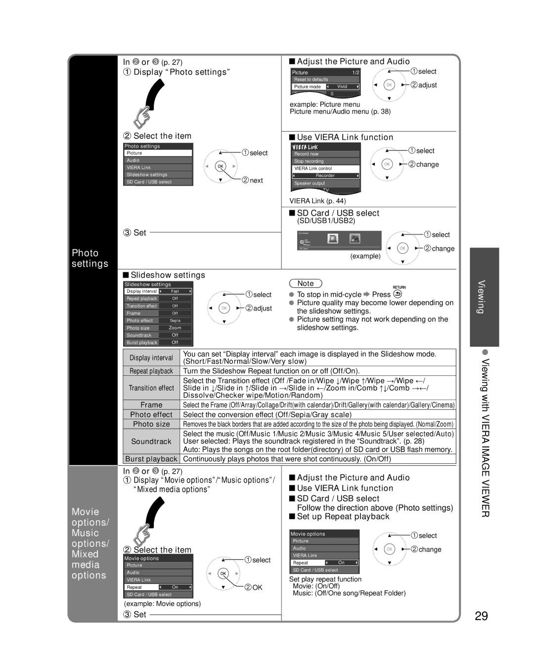 Panasonic TC-P54VT25, TC-P50VT25 quick start Photo settings, Movie options/ Music options/ Mixed media options 