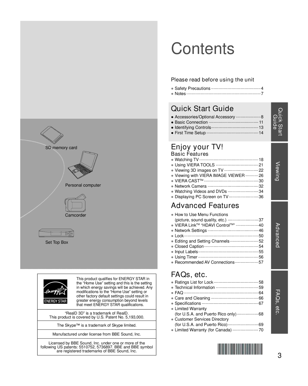 Panasonic TC-P54VT25, TC-P50VT25 quick start Contents 