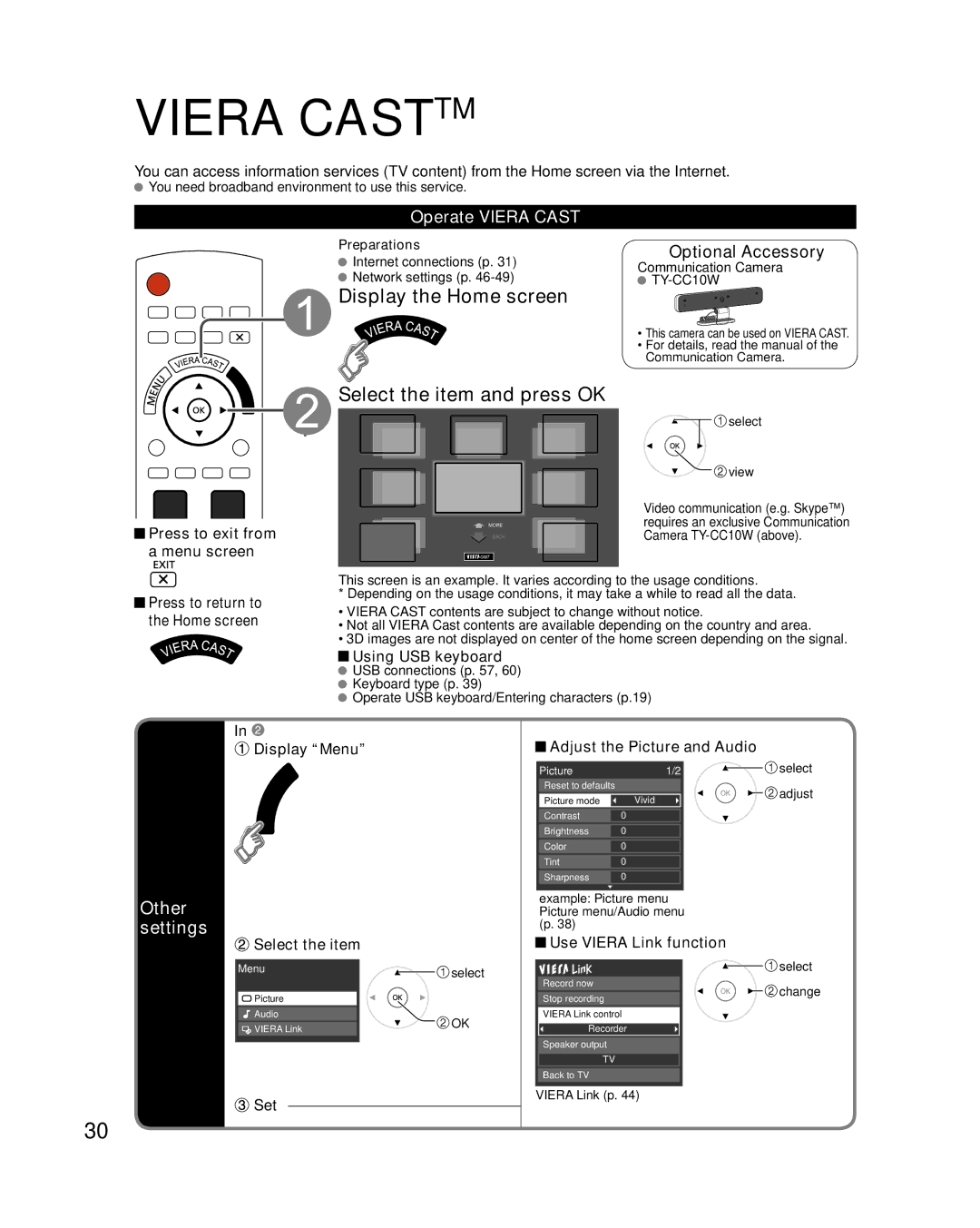 Panasonic TC-P50VT25, TC-P54VT25 Display the Home screen Select the item and press OK, Other settings, Operate Viera Cast 