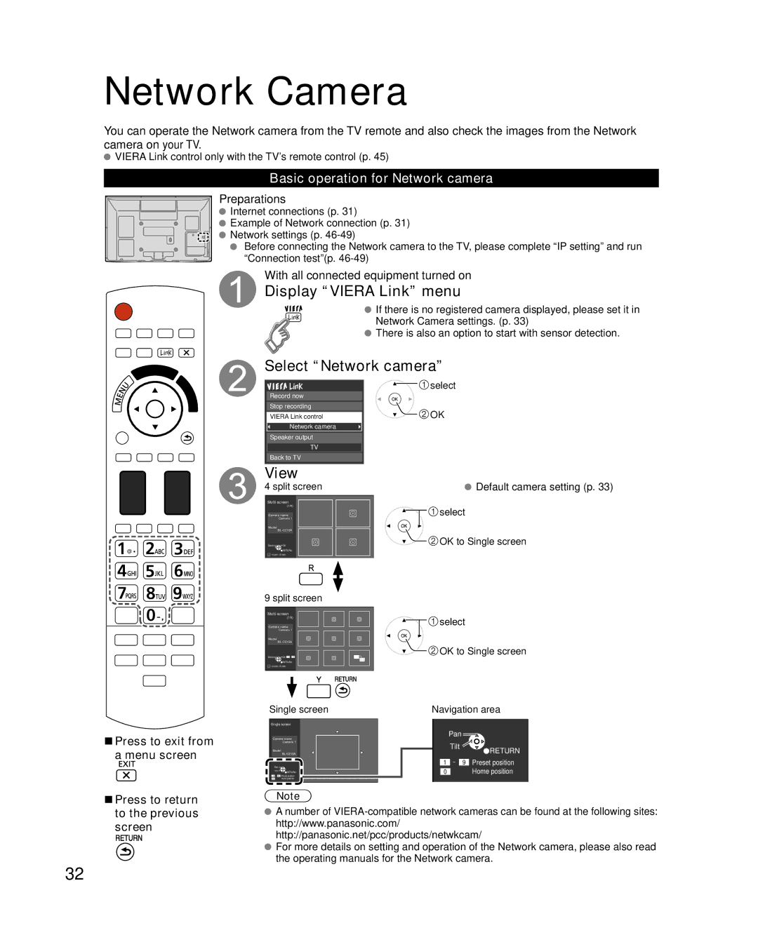 Panasonic TC-P50VT25, TC-P54VT25 quick start Network Camera, Display Viera Link menu, Select Network camera, View 