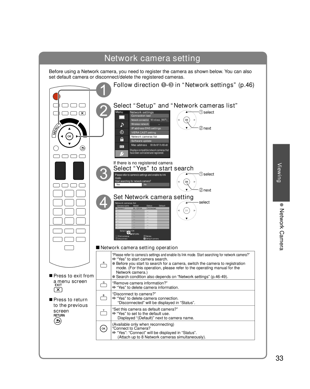 Panasonic TC-P54VT25, TC-P50VT25 quick start Set Network camera setting, Network Camera, Network camera setting operation 