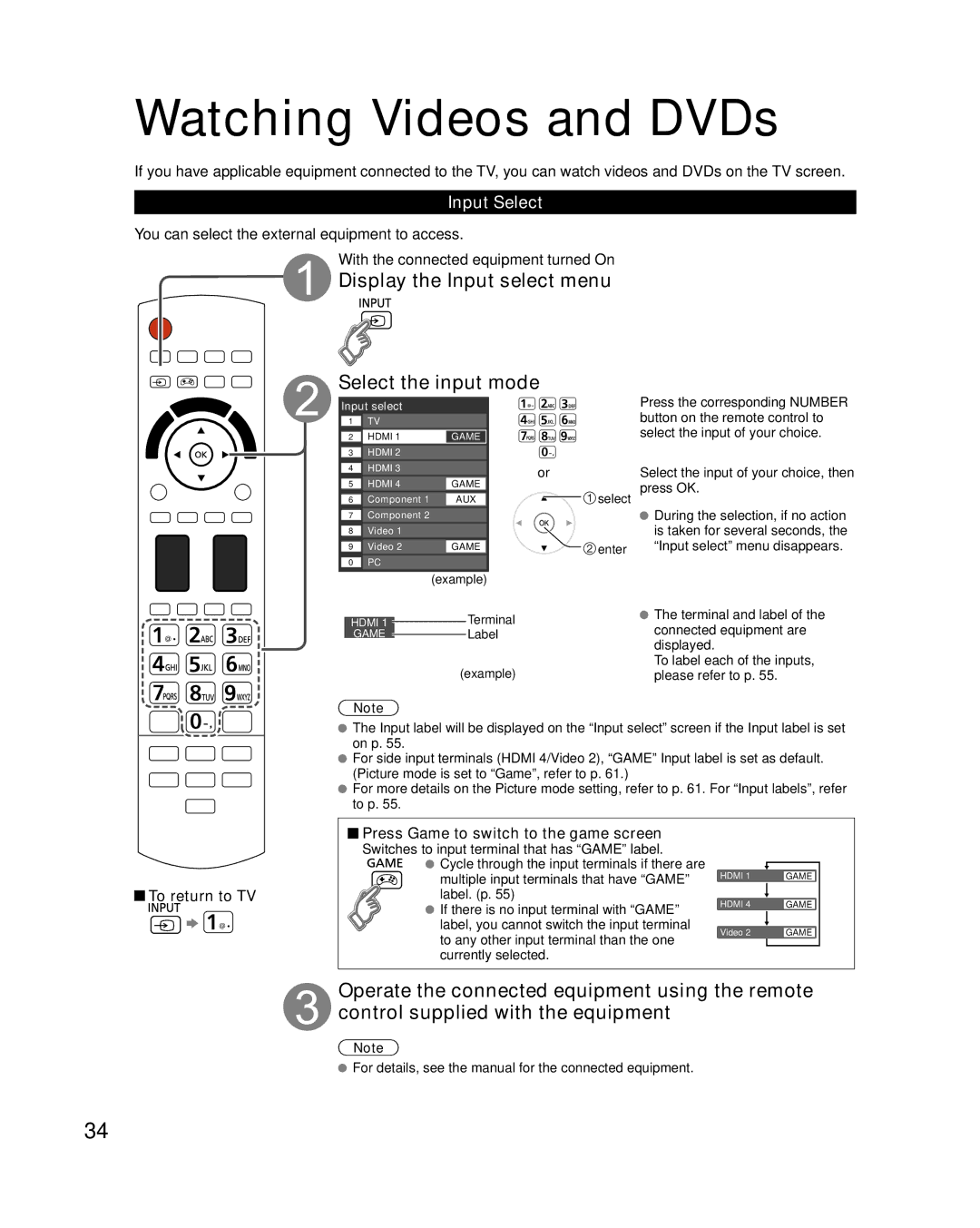 Panasonic TC-P50VT25, TC-P54VT25 quick start Display the Input select menu Select the input mode, Input Select 