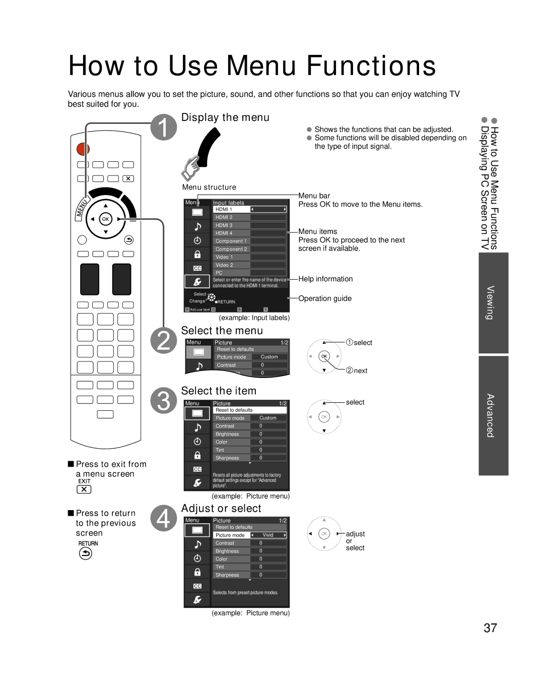 Panasonic TC-P54VT25, TC-P50VT25 quick start How to Use Menu Functions, Display the menu 