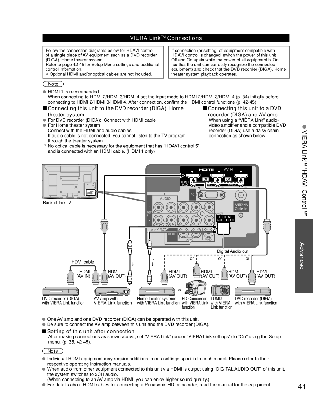 Panasonic TC-P54VT25 Viera LinkTM Hdavi ControlTM, Viera LinkTM Connections, Setting of this unit after connection 