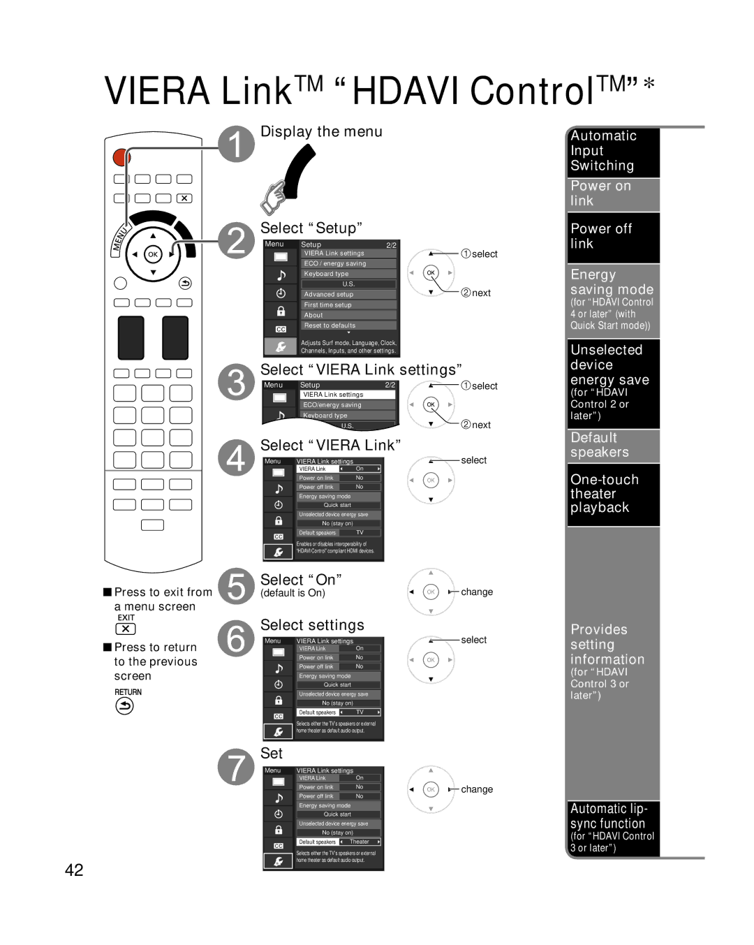 Panasonic TC-P50VT25 Select settings, Set, Default Speakers One-touch theater playback, Provides setting information 