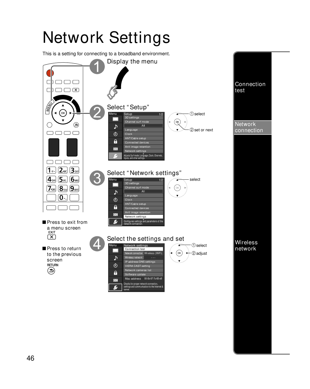 Panasonic TC-P50VT25, TC-P54VT25 quick start Network Settings, Select Network settings, Select the settings and set 