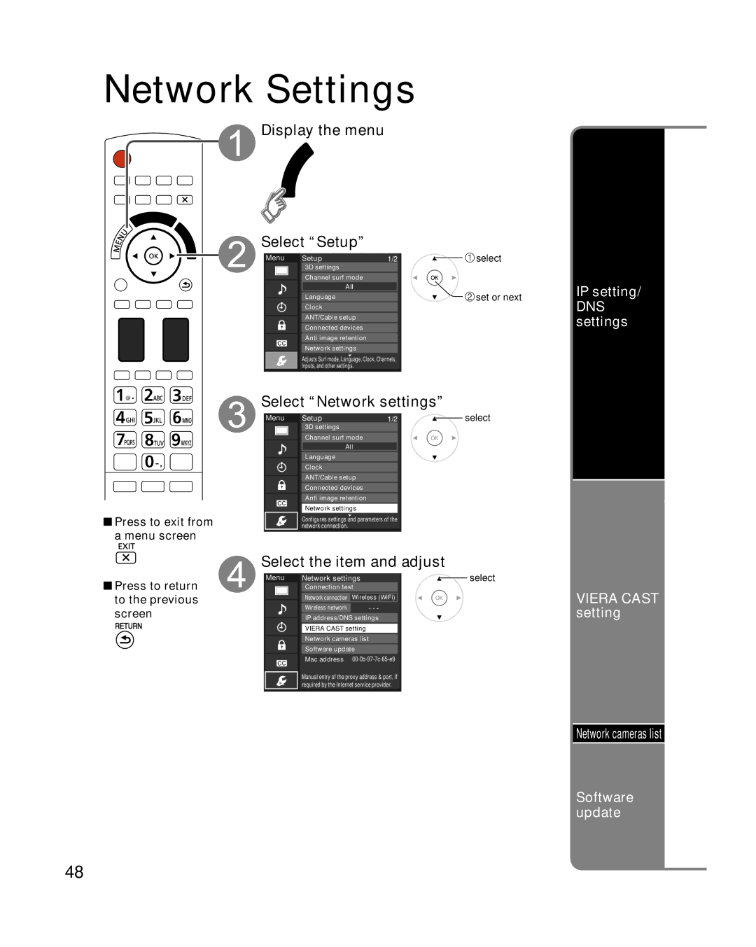 Panasonic TC-P50VT25, TC-P54VT25 quick start Select the item and adjust, IP setting DNS settings, Viera Cast setting 