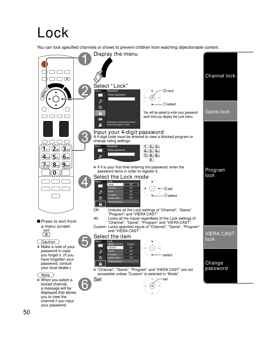 Panasonic TC-P50VT25, TC-P54VT25 Display the menu Select Lock, Input your 4-digit password, Select the Lock mode 