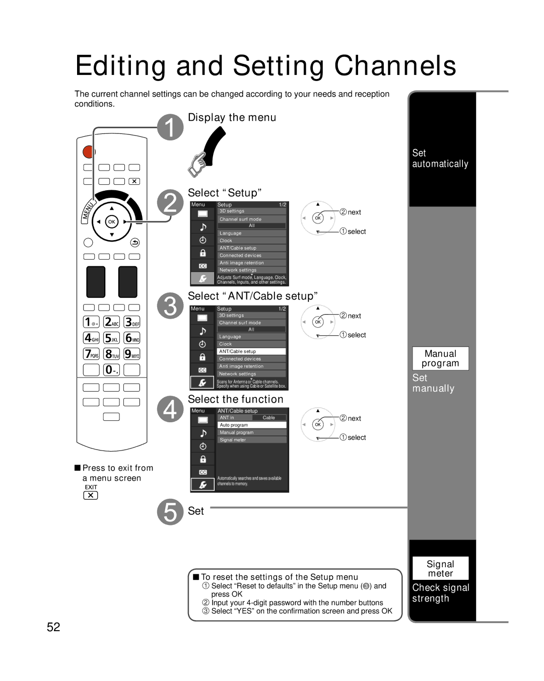 Panasonic TC-P50VT25, TC-P54VT25 Editing and Setting Channels, Select ANT/Cable setup, Select the function, Set manually 