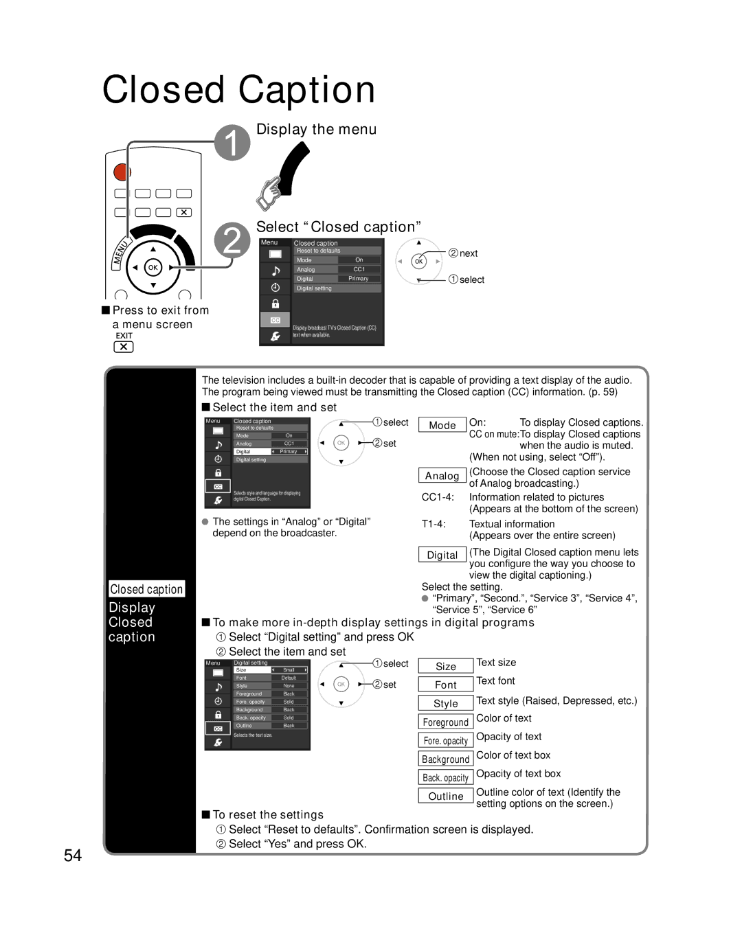 Panasonic TC-P50VT25, TC-P54VT25 quick start Closed Caption, Display the menu Select Closed caption 