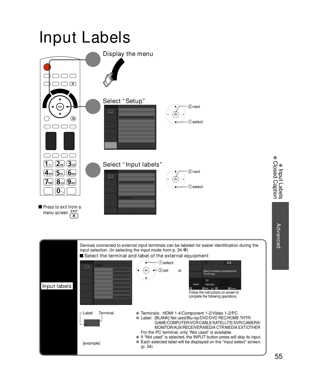 Panasonic TC-P54VT25, TC-P50VT25 Select Input labels, Input Labels Closed Caption, Display labels of connected devices 