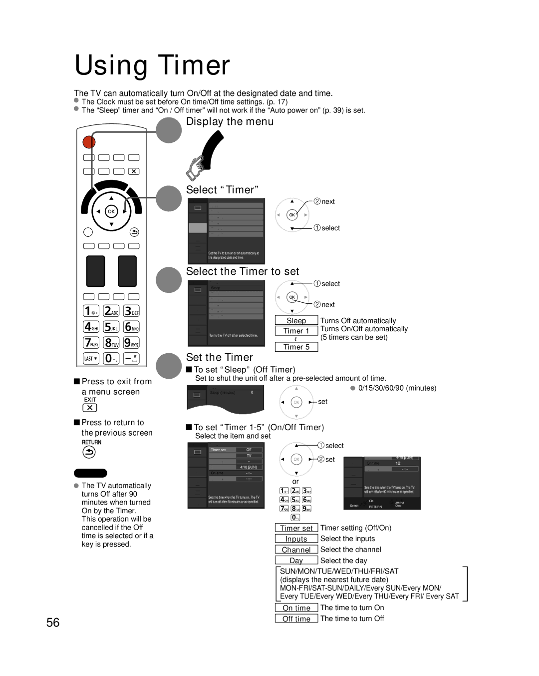 Panasonic TC-P50VT25, TC-P54VT25 Using Timer, Display the menu Select Timer, Set the Timer, To set Sleep Off Timer 