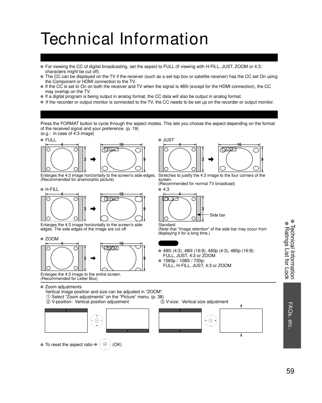 Panasonic TC-P54VT25, TC-P50VT25 quick start Technical Information, Closed Caption CC, Aspect Ratio Format, FAQs, etc 