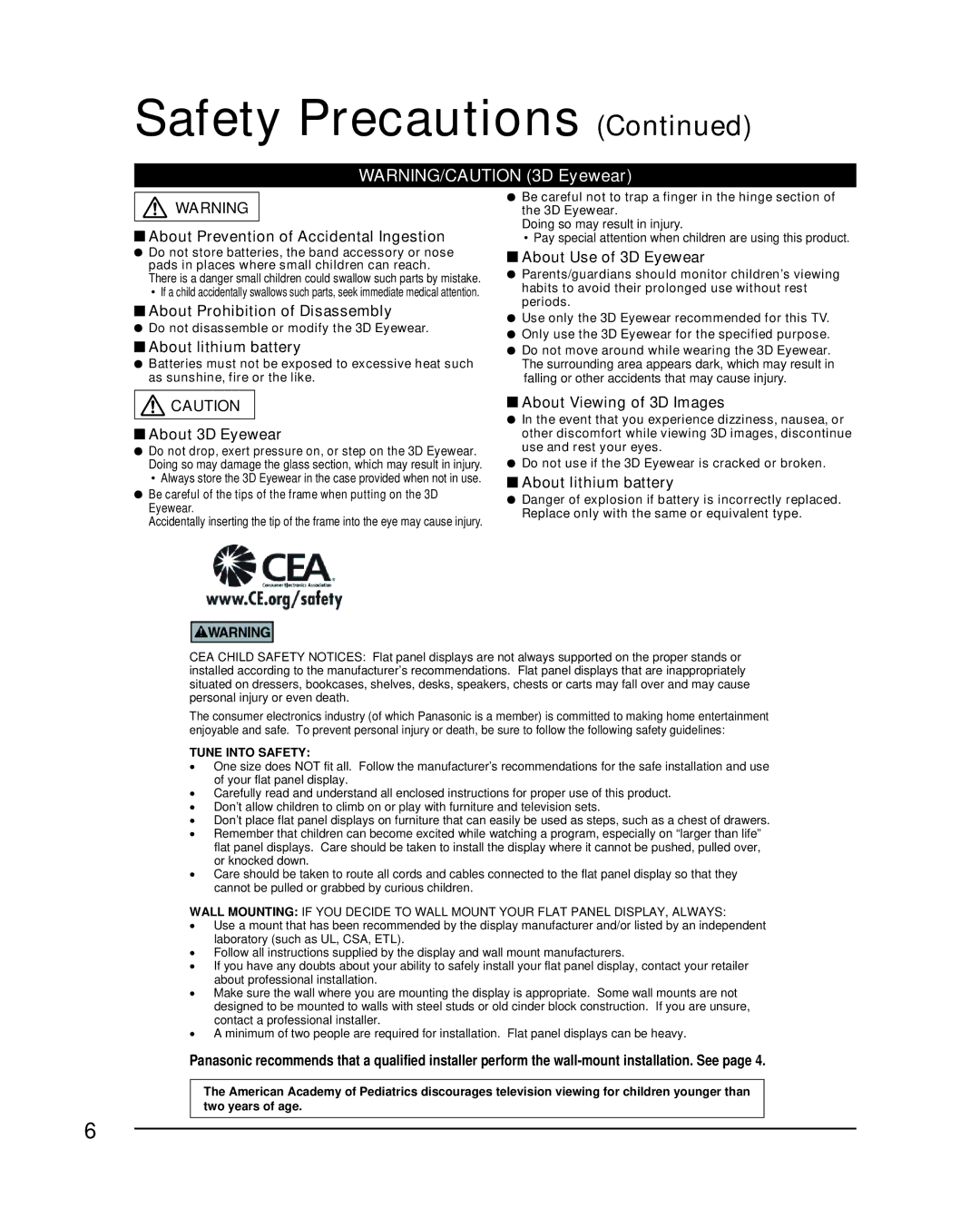 Panasonic TC-P50VT25 About Prevention of Accidental Ingestion, About Prohibition of Disassembly, About lithium battery 