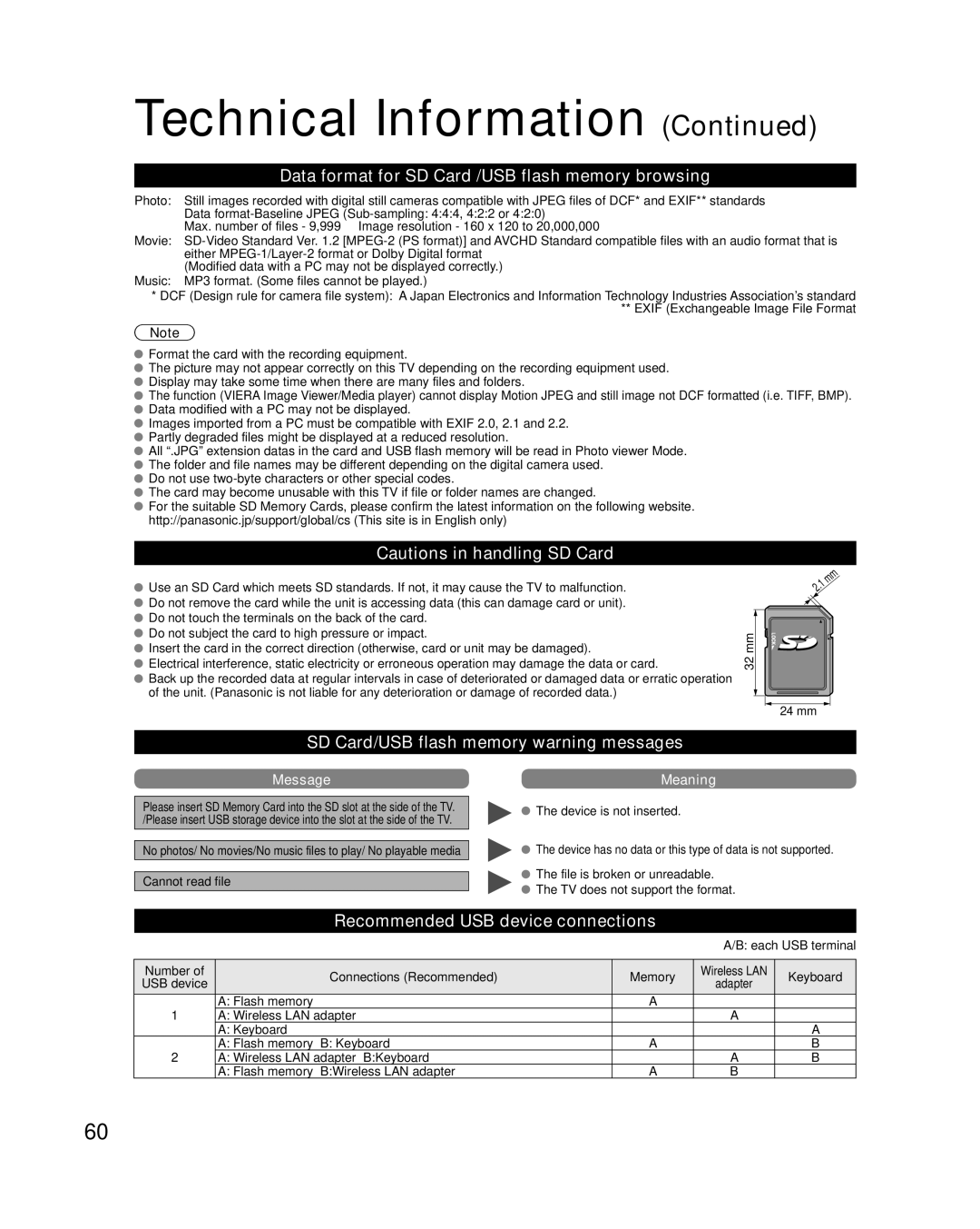 Panasonic TC-P50VT25 Data format for SD Card /USB flash memory browsing, SD Card/USB flash memory warning messages 