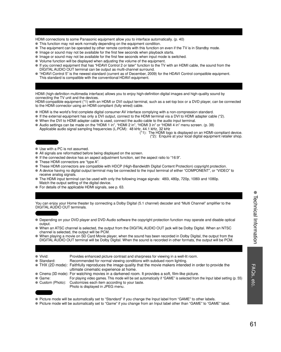 Panasonic TC-P54VT25 Technical Information, Viera LinkTM Hdavi ControlTM, Hdmi connection, Digital Audio OUT terminals 