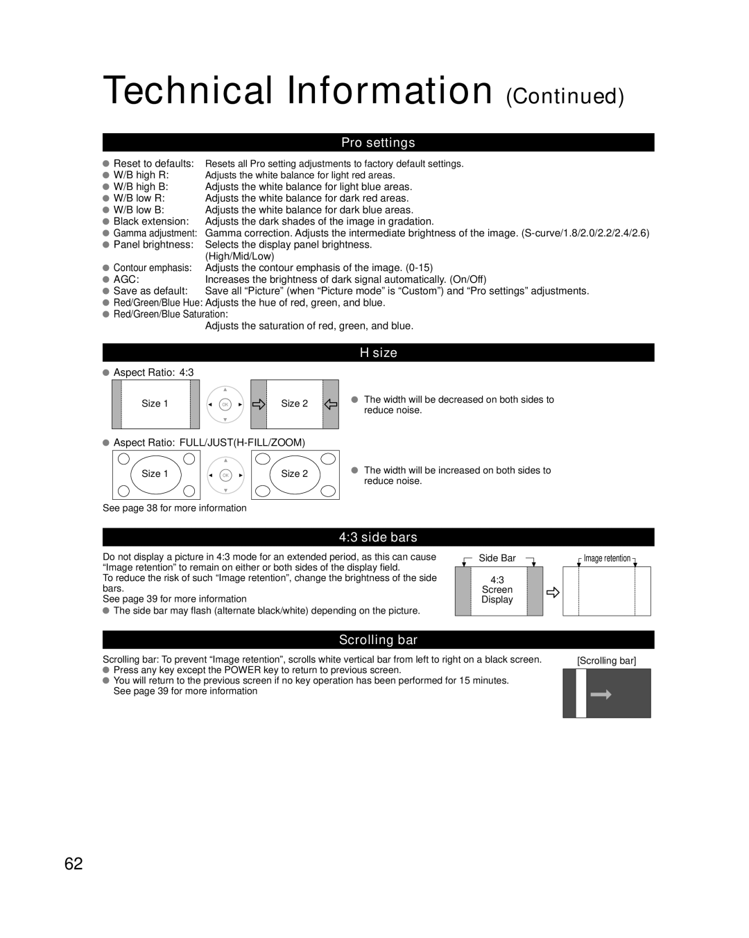 Panasonic TC-P50VT25, TC-P54VT25 quick start Pro settings, Size, Side bars, Scrolling bar 