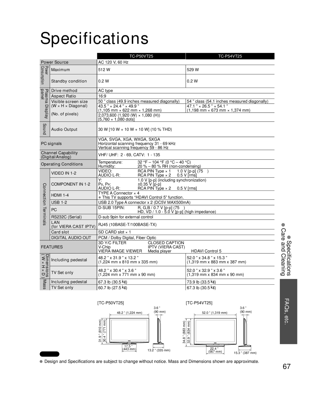 Panasonic TC-P54VT25, TC-P50VT25 quick start Specifications 