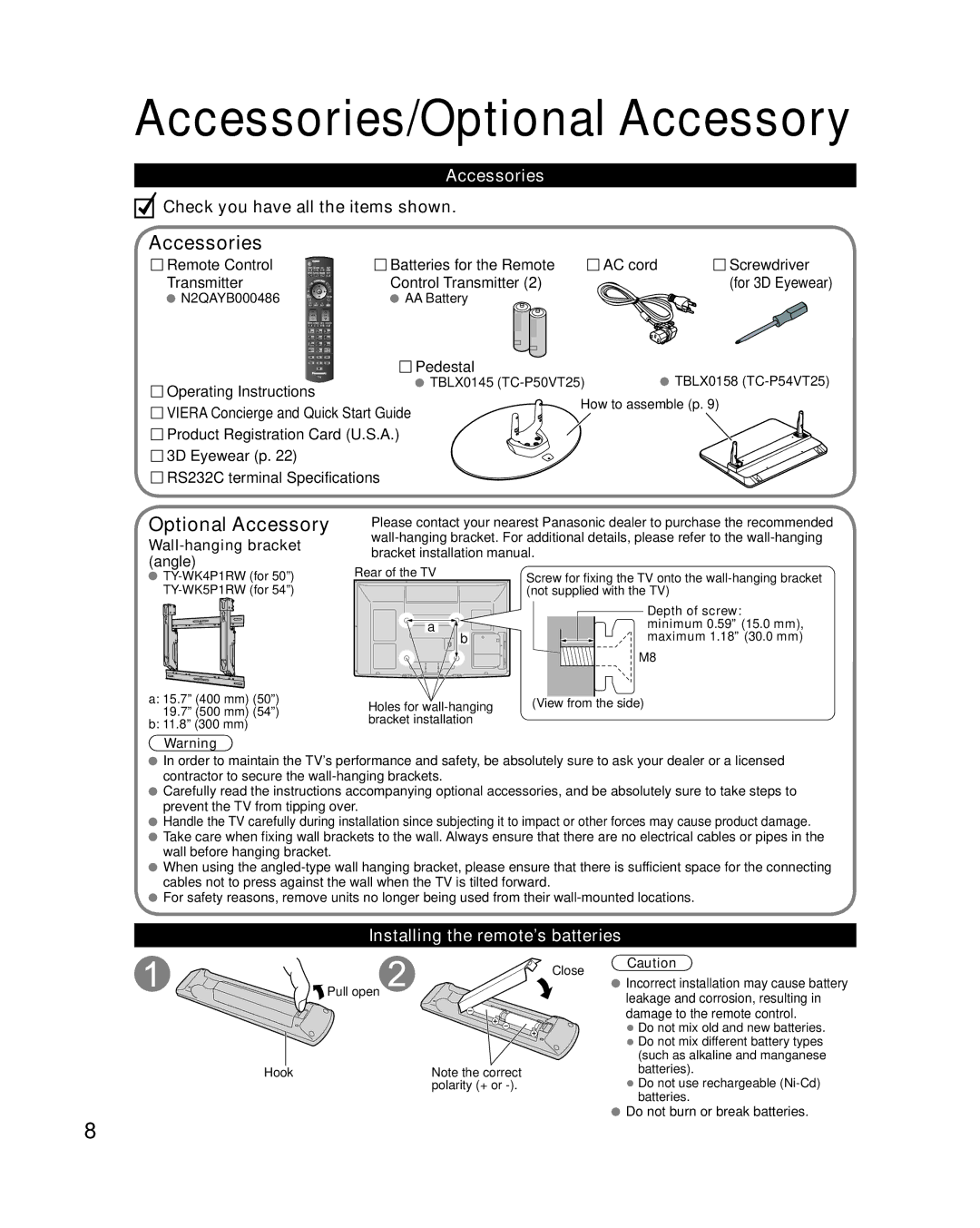 Panasonic TC-P50VT25, TC-P54VT25 quick start Accessories/Optional Accessory, Installing the remote’s batteries 