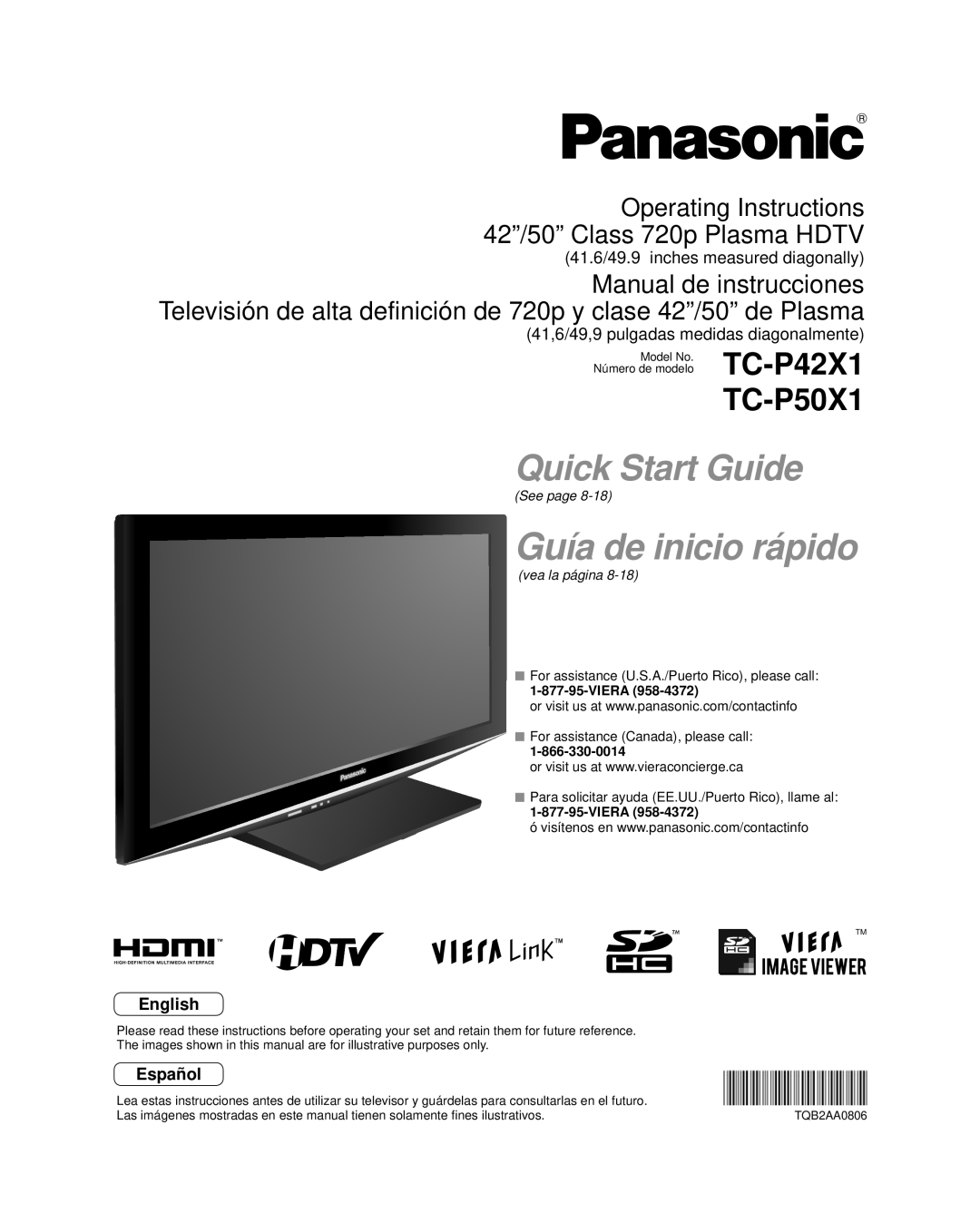 Panasonic TC-P50X1 quick start For assistance U.S.A./Puerto Rico, please call, Viera 