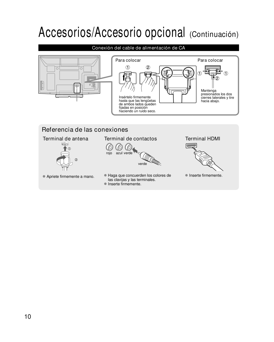 Panasonic TC-P50X1 quick start Conexión del cable de alimentación de CA, Para colocar, Rojo azul verde Verde 