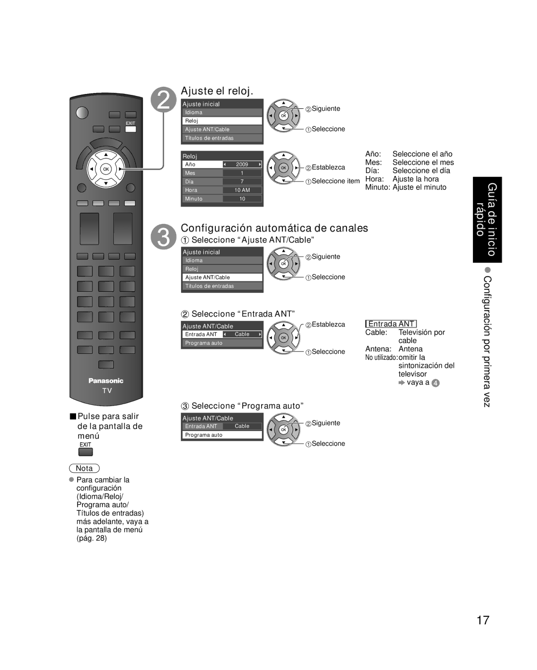 Panasonic TC-P50X1 quick start Ajuste el reloj, Configuración automática de canales 