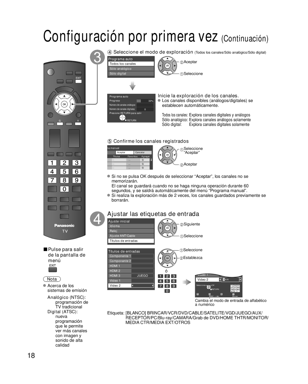 Panasonic TC-P50X1 quick start Ajustar las etiquetas de entrada, Inicie la exploración de los canales 