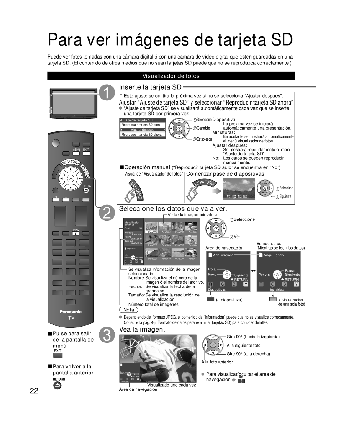 Panasonic TC-P50X1 quick start Para ver imágenes de tarjeta SD, Inserte la tarjeta SD, Seleccione los datos que va a ver 