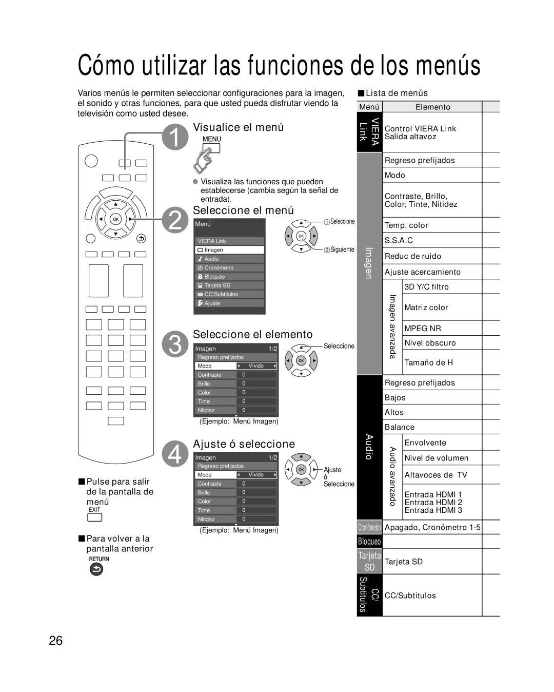 Panasonic TC-P50X1 quick start Visualice el menú, Seleccione el menú, Ajuste ó seleccione, Viera Link, Audio 