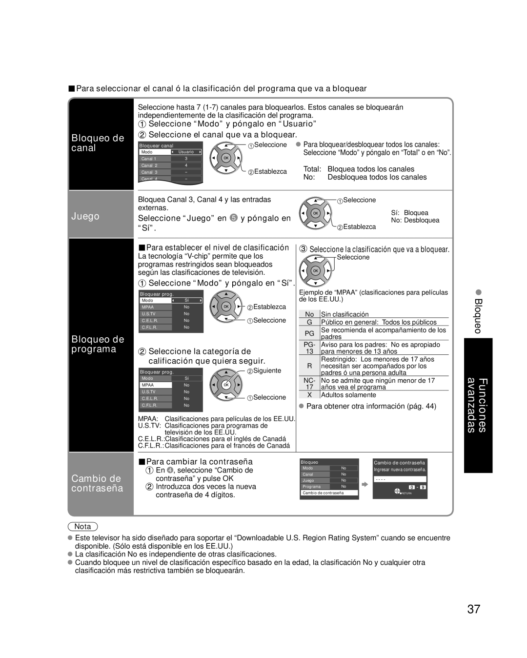 Panasonic TC-P50X1 Bloqueo de programa, Cambio de contraseña, Seleccione Modo y póngalo en Sí, Para cambiar la contraseña 