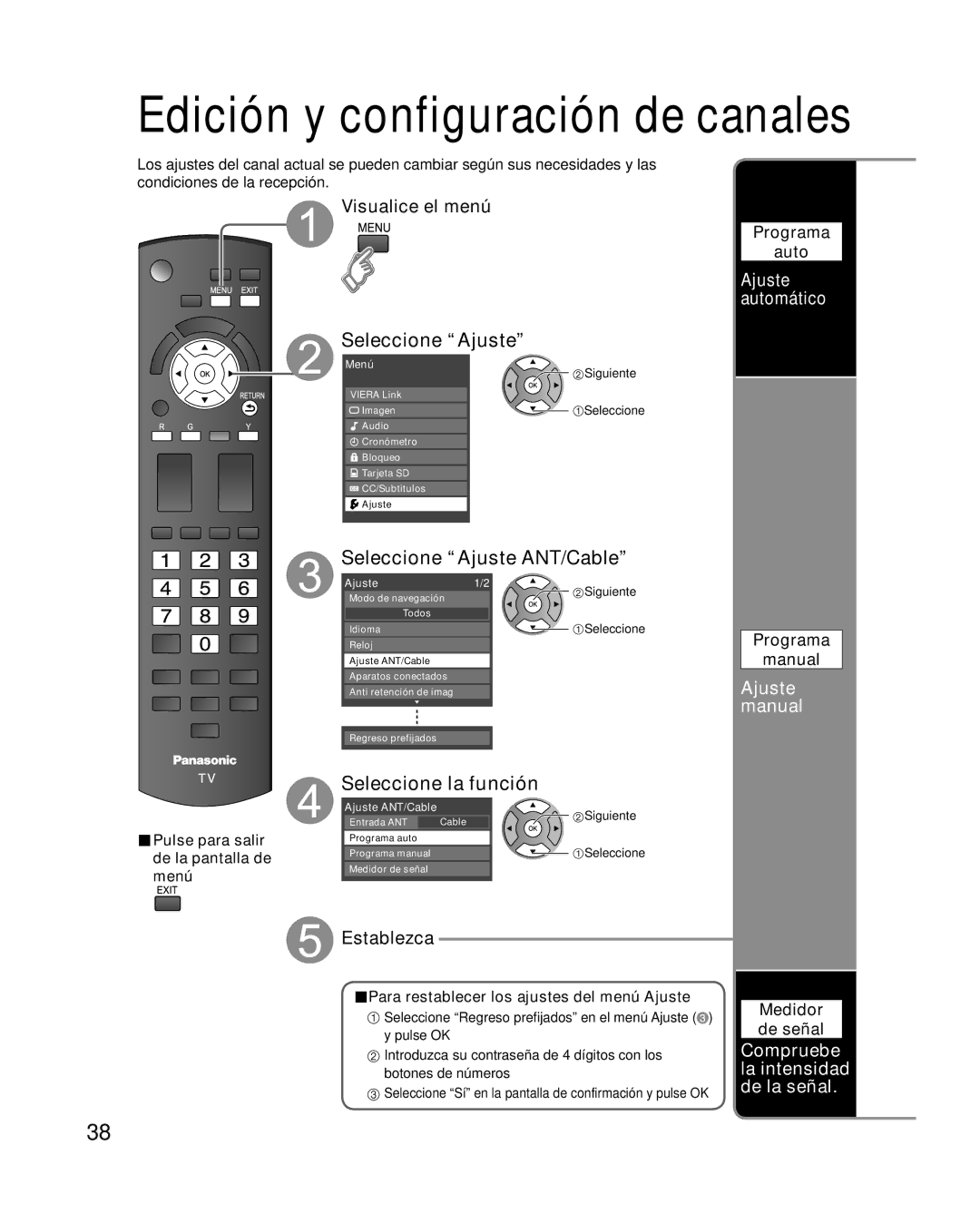 Panasonic TC-P50X1 quick start Seleccione Ajuste ANT/Cable, Ajuste automático, Para restablecer los ajustes del menú Ajuste 