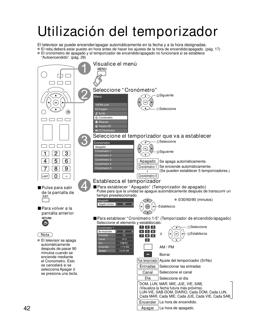 Panasonic TC-P50X1 Utilización del temporizador, Visualice el menú Seleccione Cronómetro, Establezca el temporizador 