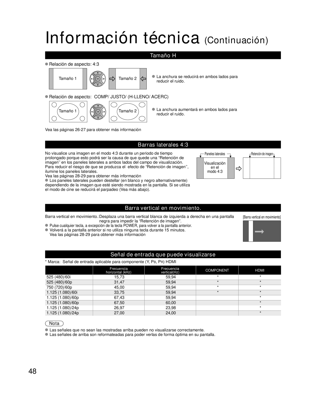 Panasonic TC-P50X1 quick start Información técnica Continuación, Tamaño H, Barras laterales, Barra vertical en movimiento 