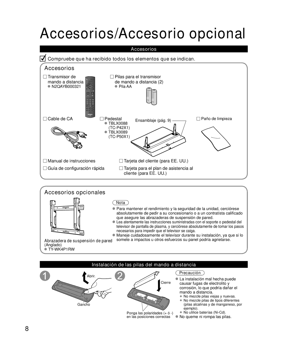 Panasonic TC-P50X1 Accesorios/Accesorio opcional, Accesorios opcionales, Instalación de las pilas del mando a distancia 