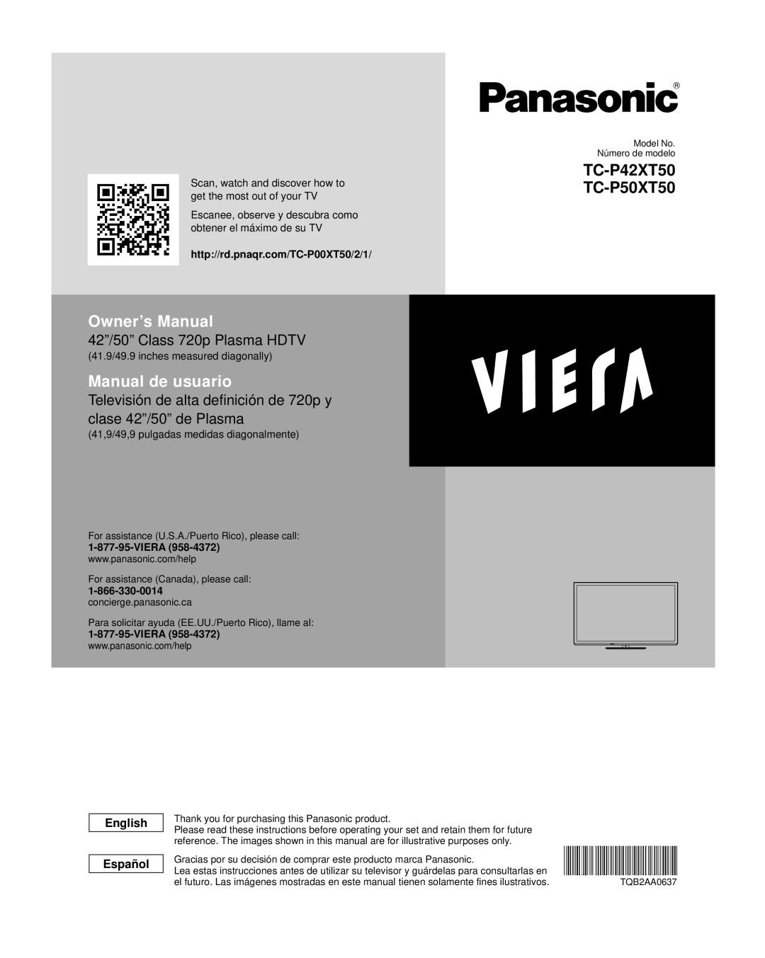 Panasonic TC-P50XT50 owner manual English Español, 41.9/49.9 inches measured diagonally, Viera 